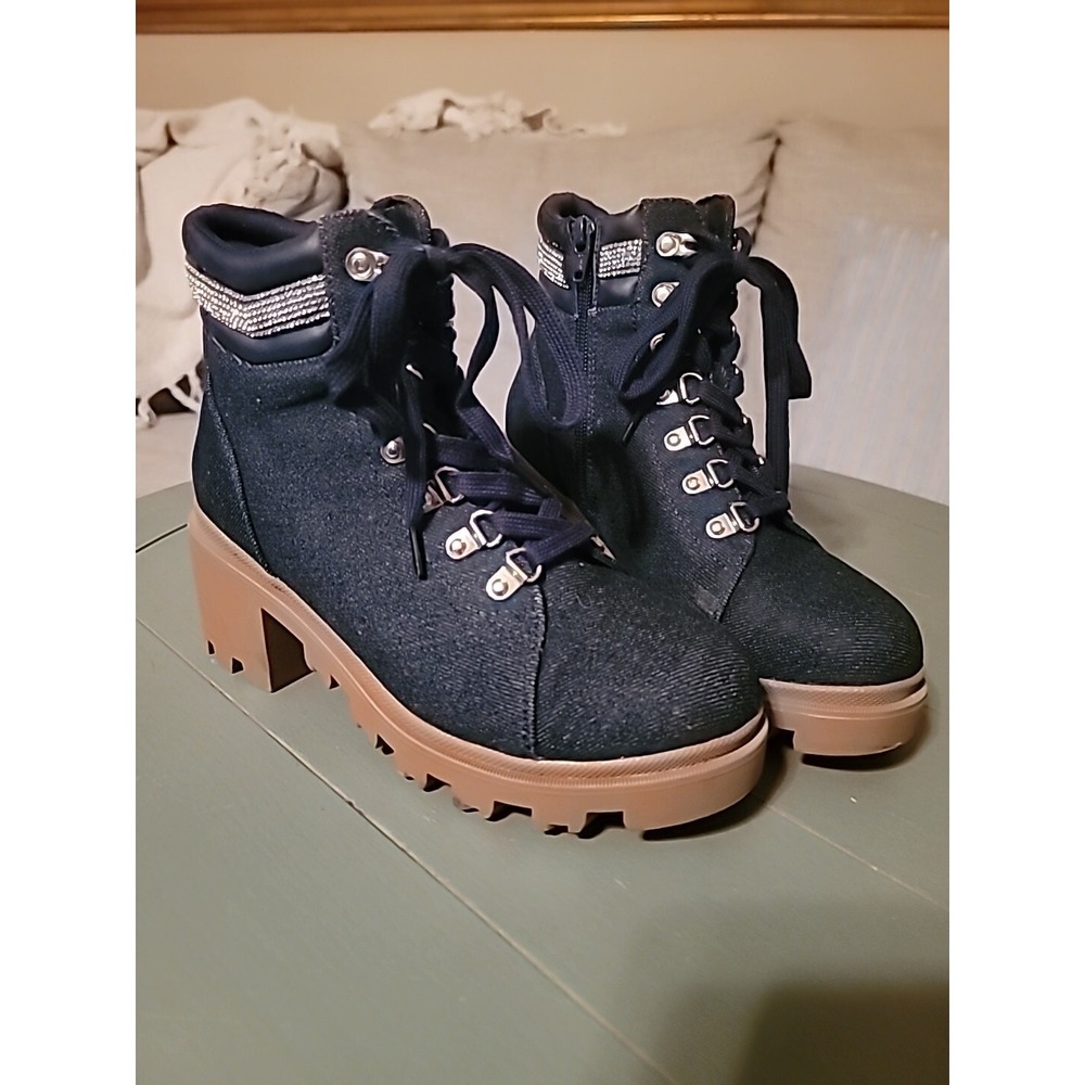 Cato Comfort Est. 1946 Size 6M Denim Blue Hiker Bling Ankle Boots Platform